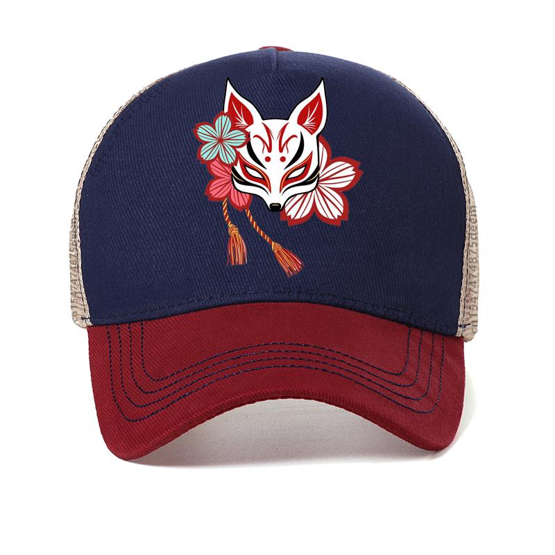 Japanese Aesthetic Kitsune Fox Mask Art Womens hat Hip Hop Trendy Fox Mask Baseball Cap Harajuku pop Mesh Trucker hats