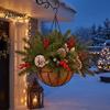 Winter Front Door Decoration Artificial Christmas Hanging Basket with Pine Branches, Red Berries & Pinecones, Natural Style Porch Decor Pre-lit