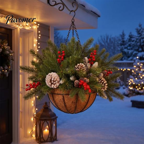 Winter Front Door Decoration Artificial Christmas Hanging Basket with Pine Branches, Red Berries & Pinecones, Natural Style Porch Decor Pre-lit