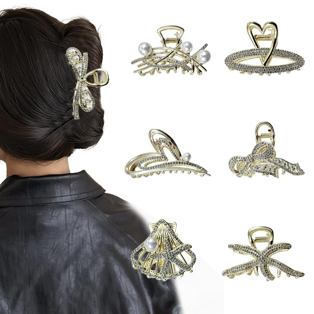 Elegant Large-sized Sweet Women's Hair Clip Diamonds Hollow Heart-shaped Pearl Design Korean-style Accessory for Up-dos
