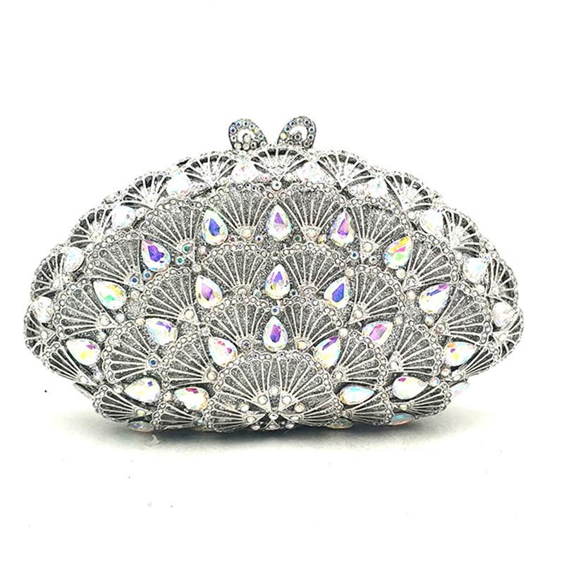 Rhinestone Evening Clutches Luxury Fan-Shape Women Crystal Wedding Party Purses WHTUOHENG Prom Cocktail Handbags Blue/Red/White