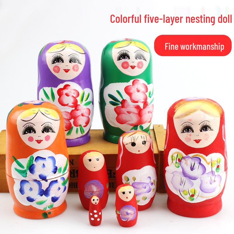 Popular Wooden Handicraft Russian Nesting Dolls: Set of 5 Cartoon-Style Handmade Dolls