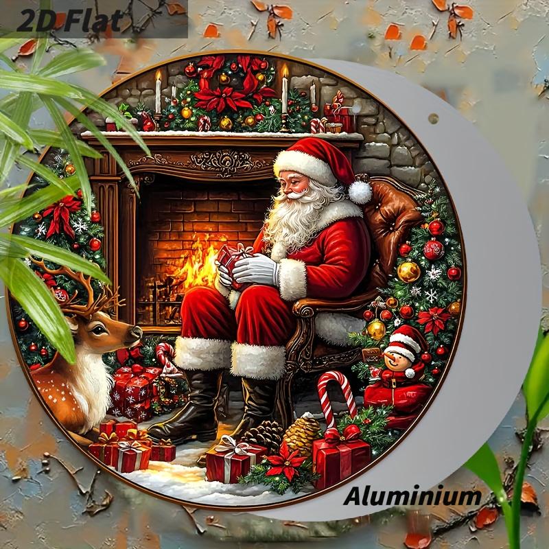 2D Flat Aluminium Merry Christmas Sign with Santa Claus & Fireplace Pattern - Warm Winter Figurine Ornaments - Ideal for Front Door, Wall, Porch