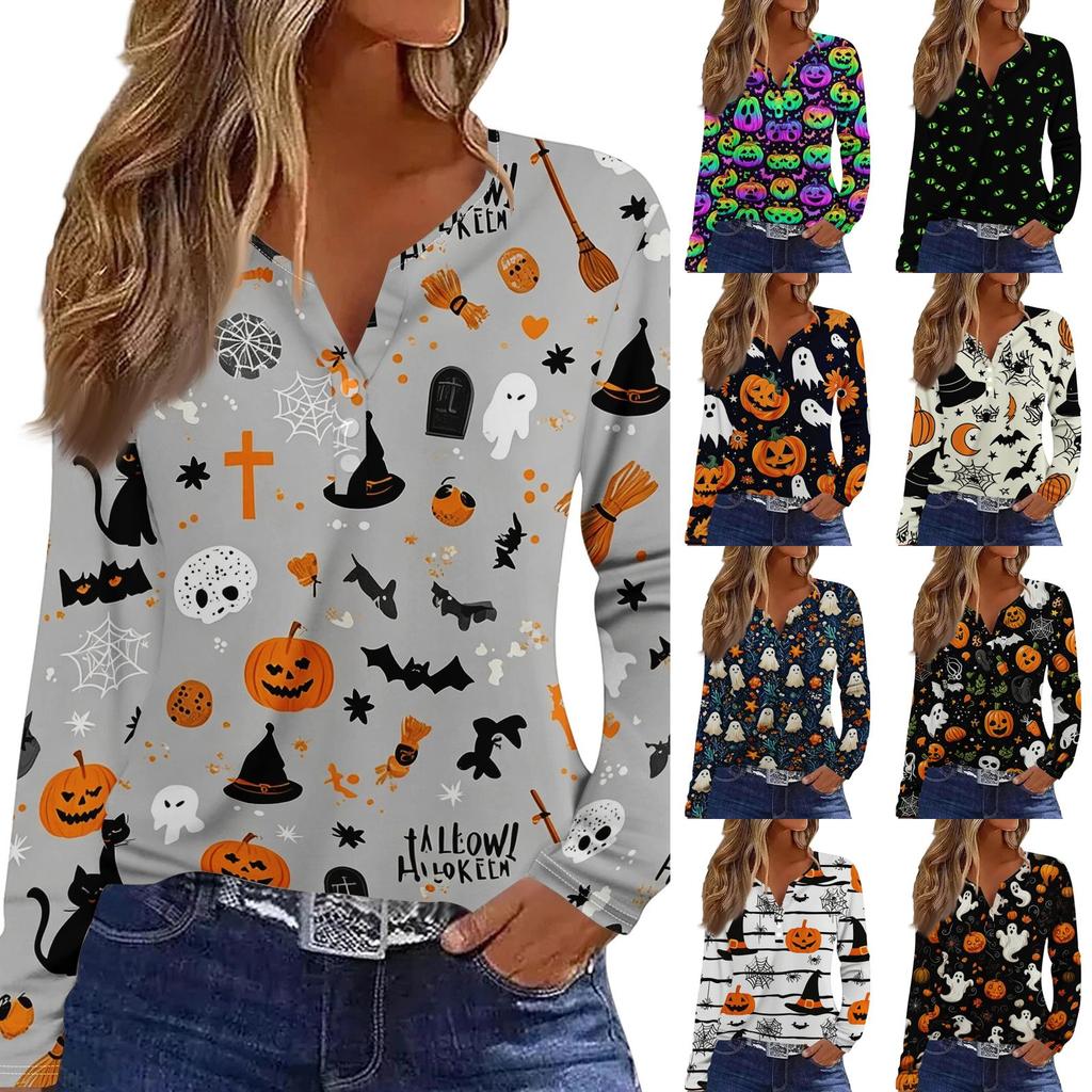 Women's Fashion Casual Halloween Printed V-Neck Button Trim Long Sleeve T-Shirt Top