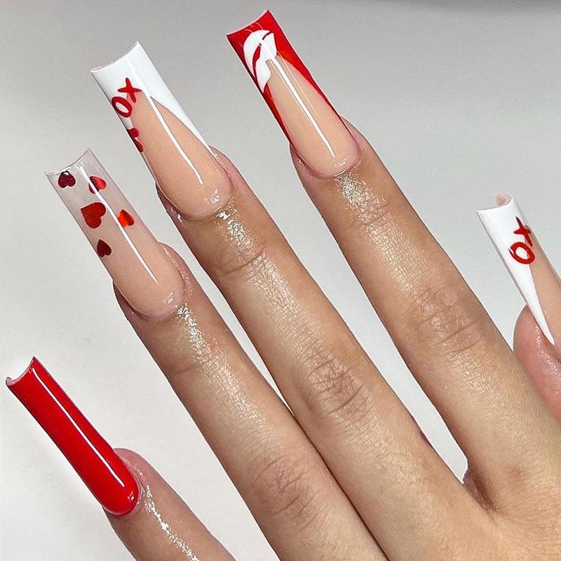 

Cross-Border 2025 Wearable Red Heart Valentine s Day Long Pipe Press-On Nails
