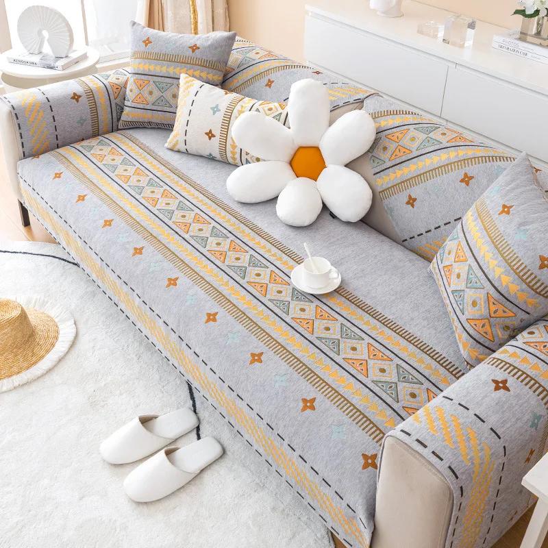 Light Luxury Bohemian 3 Seat Sofa Covers Waterproof Elastic Stretch Plush Chenille Non-Slip Cushions Fabric Material Sofa Cover