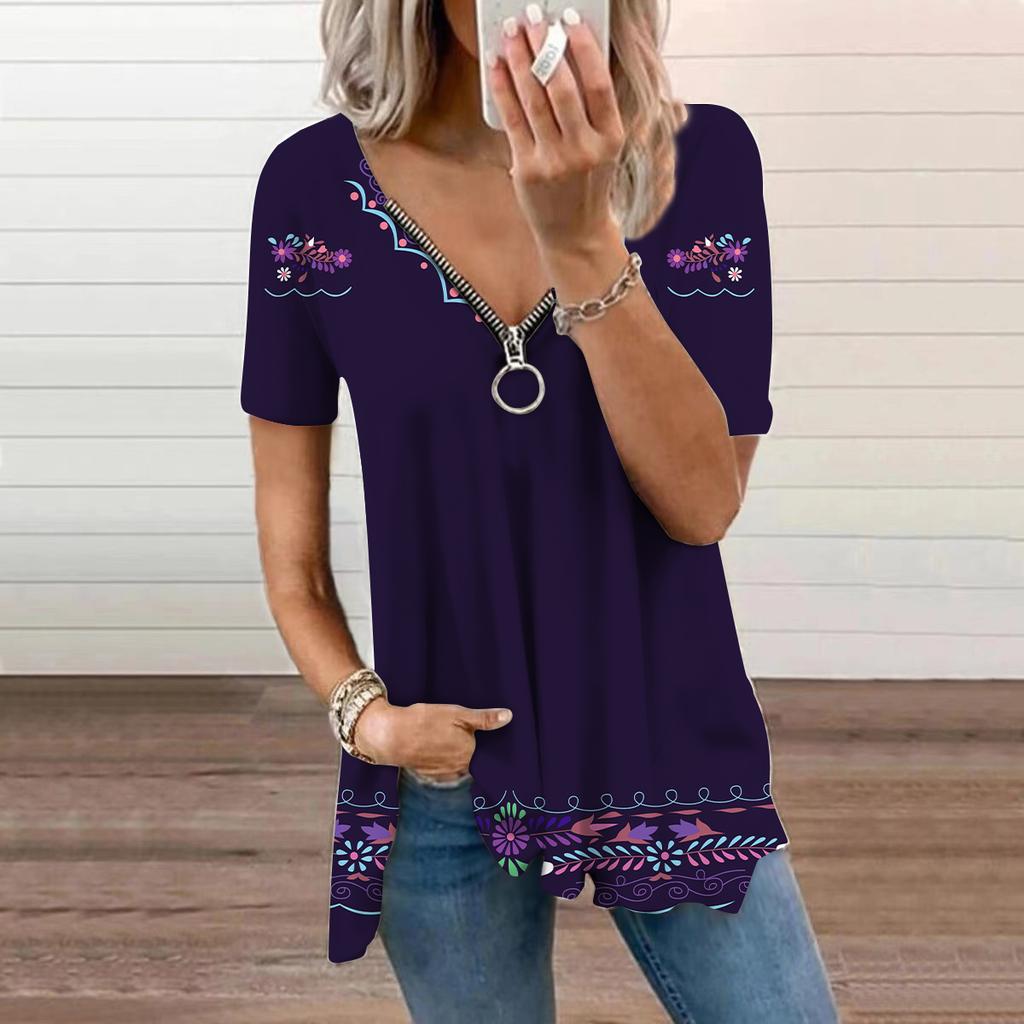 Women's Top Summer New Fashion Brown Flowers Printed Casual Zipper V-neck Short Sleeve Top