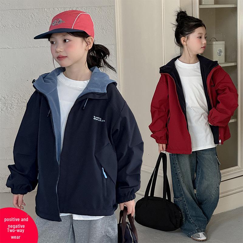 Girls' Korean Style Reversible Hooded Windbreaker: Trendy Spring/Autumn Jacket for Big Girls