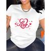 European Size Valentine'S Day Chic Women'S White T-Shirt with Love Print - Casual Crew Neck, Short Sleeve, Stretchy Polyester Blend, Machine Washable