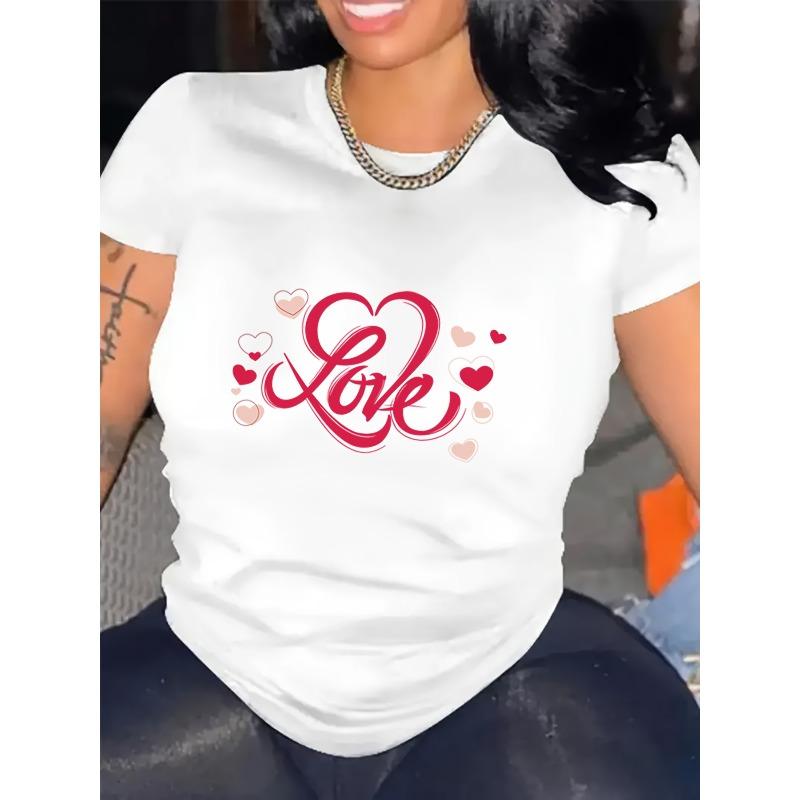 

European Size Valentine S Day Chic Women S White T-Shirt with Love Print - Casual Crew Neck, Short Sleeve, Stretchy Polyester Blend, Machine Washable 4XL