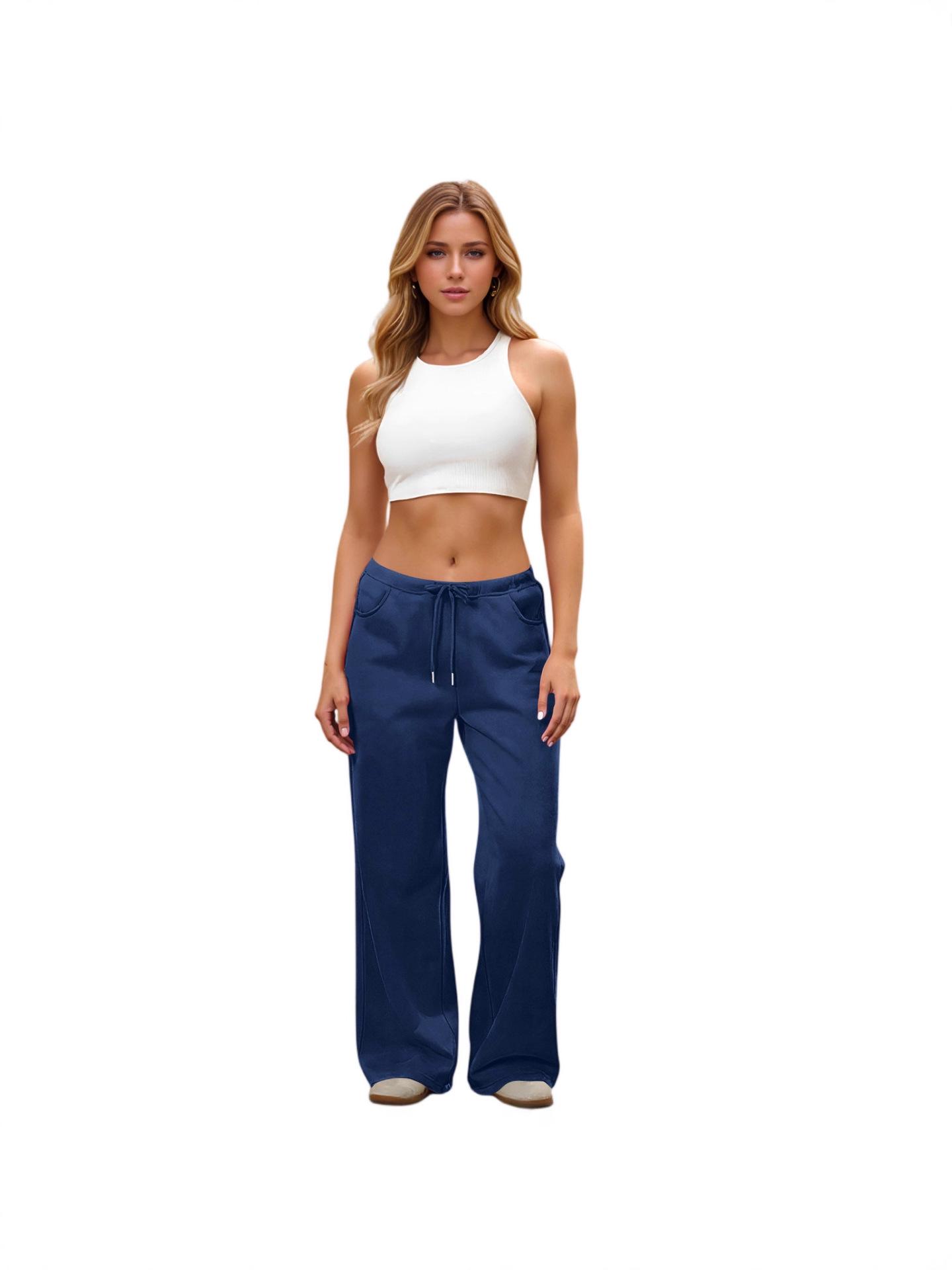 

European Women s Wide-Leg Low-Waisted Sweatpants with Drawstring and Pockets L темно-синий