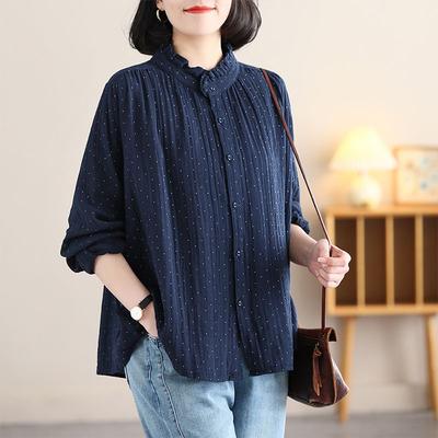 Baumwolle für Damen Frühling Herbst Stehkragen Oberteile Retro Polka Dot Hemden Trendig