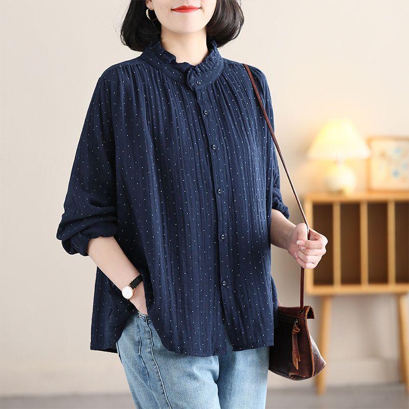 

Бавовна для жінок Весна Осінь Топи зі стійкою коміром Ретро сорочки в горошок Трендові L темно-синього кольору