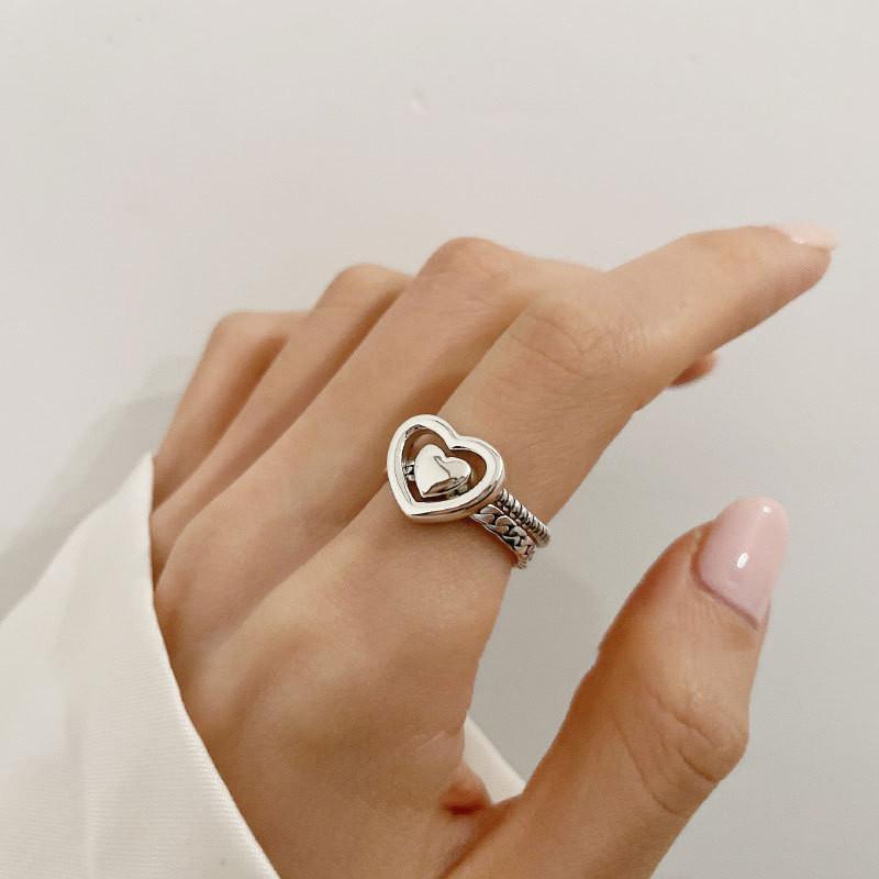 Korean Daejeon Hollow Heart Shaped Love Ring For Women Adjustable Pure Silver Design