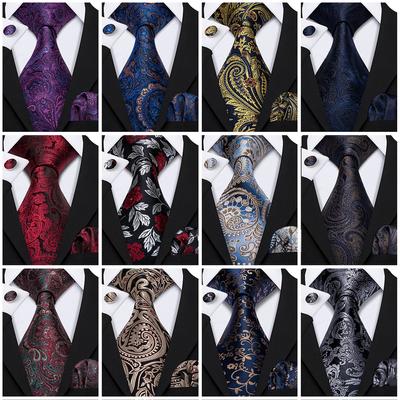 Barry.Wang Mens Tie Paisley Jacquard Silk Necktie Pocket Square Cufflinks Set