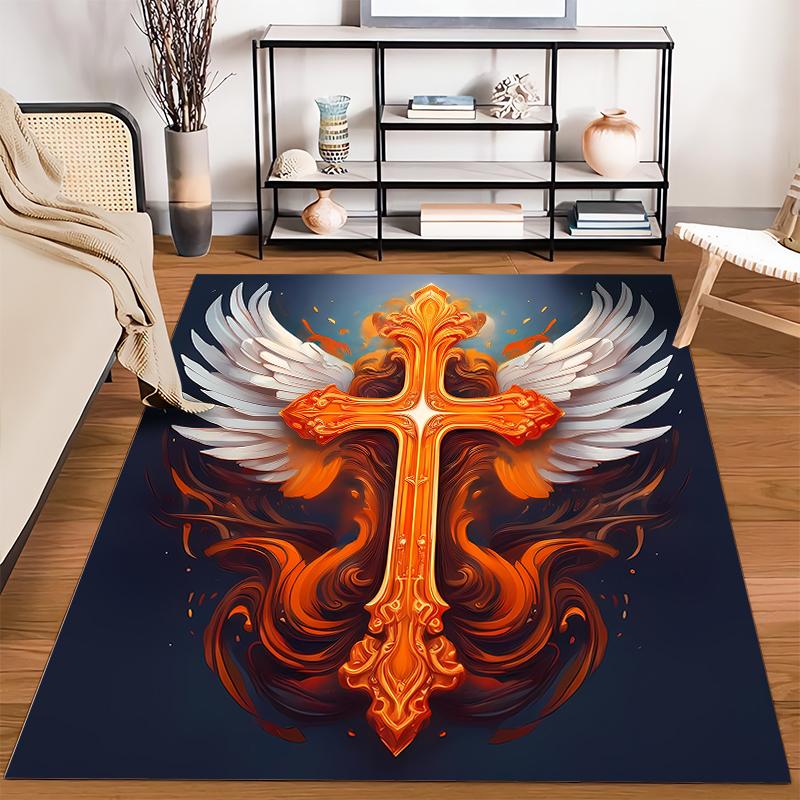 Fiery Cross with Wings Design Rug Non-slip Rug Suitable for Living Room and Bedroom Sofas.