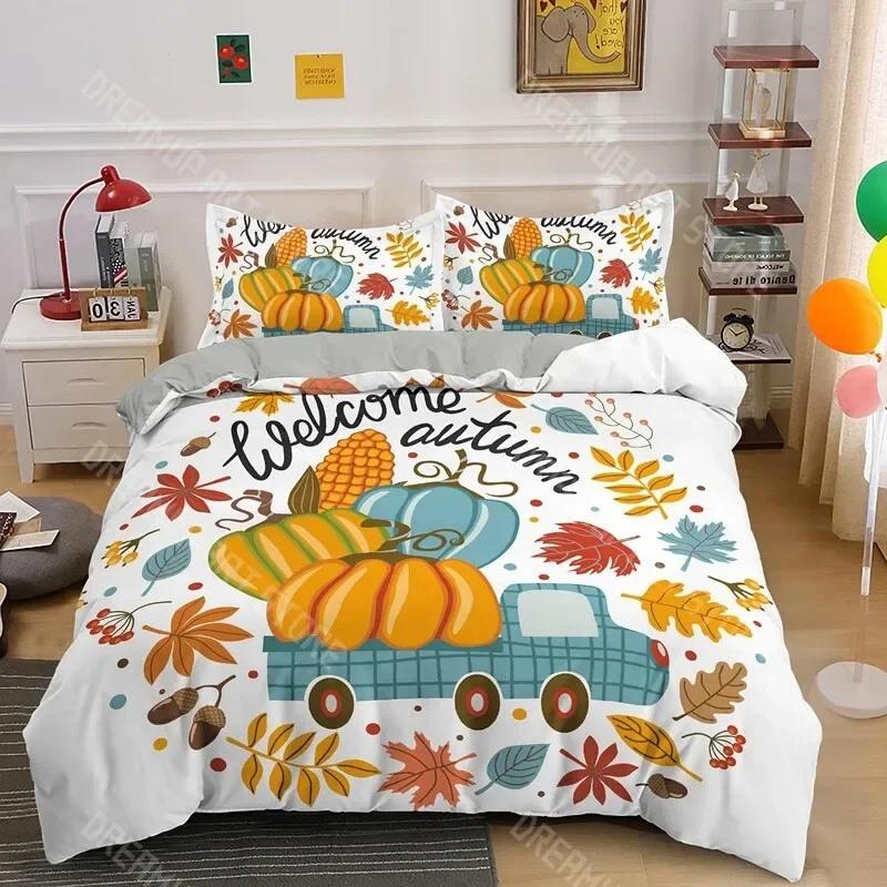 

Autumn Pumpkin Truck King Queen Duvet Cover Happy Fall Thanksgiving Bedding Set Kids Festival Gifts 2/3Pcs Polyester Quilt Cover EU Single 90x200cm