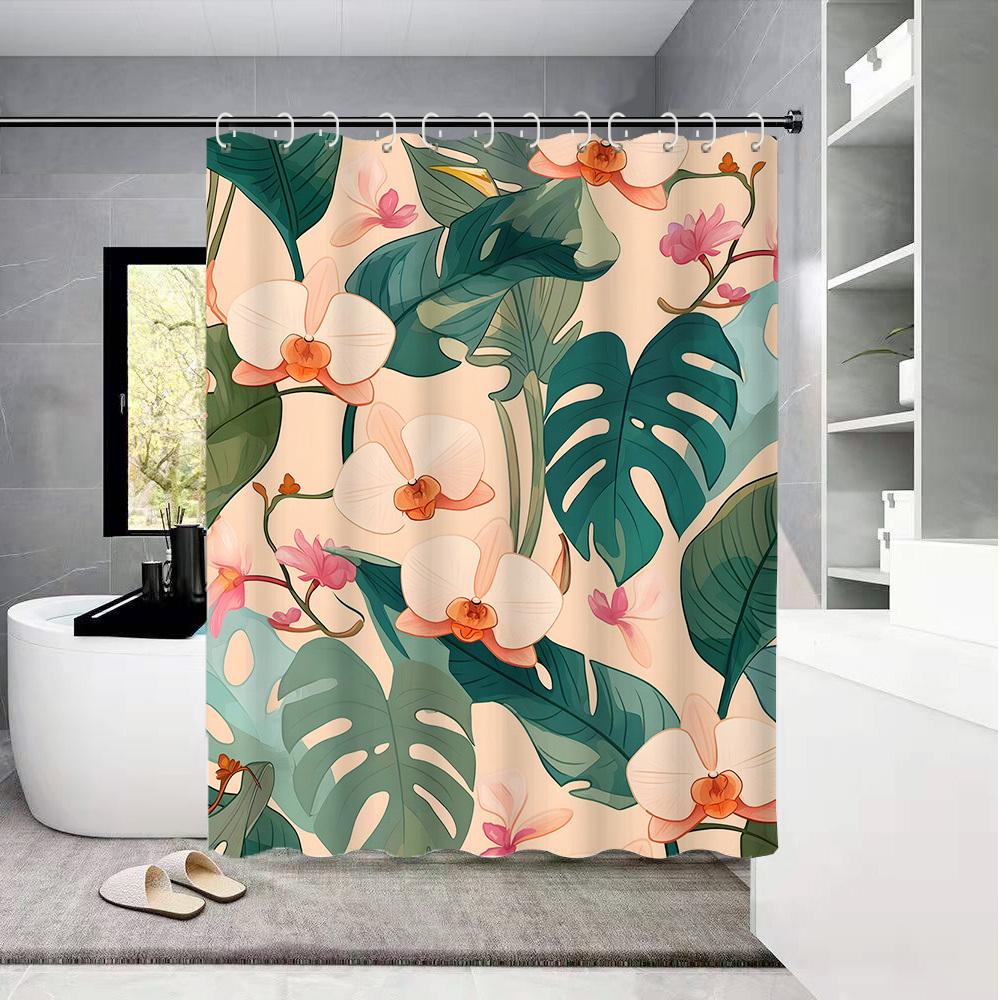 Tropical Palm & Floral Shower Curtain - Machine Washable Polyester,Green, Pink, Orange & White Design, Artistic Bath Decor