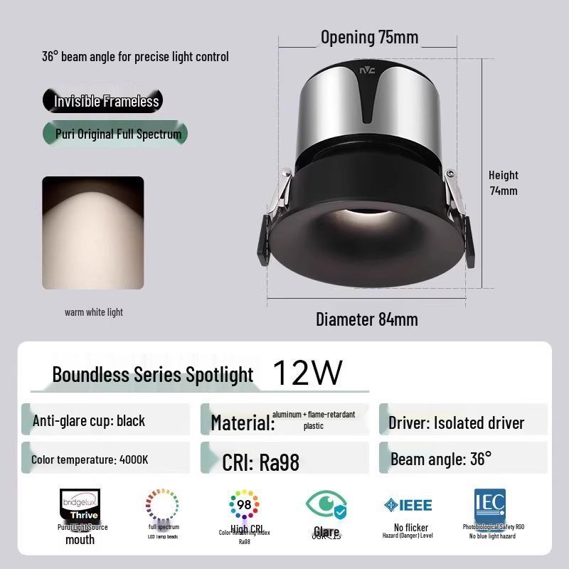 NVC Lighting Frameless LED Spotlight - Anti-Glare, Full Spectrum, Wall Washer, Recessed for Living Room