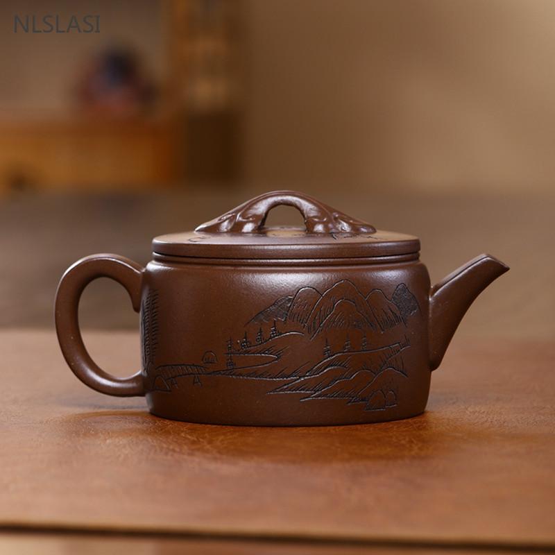 240ML Yixing Tea Pots Purple Clay Teapot Guogong Teapot Raw Ore Downslope Mud Xu Liuping Handmade Red Clay Pot with Pine Winds