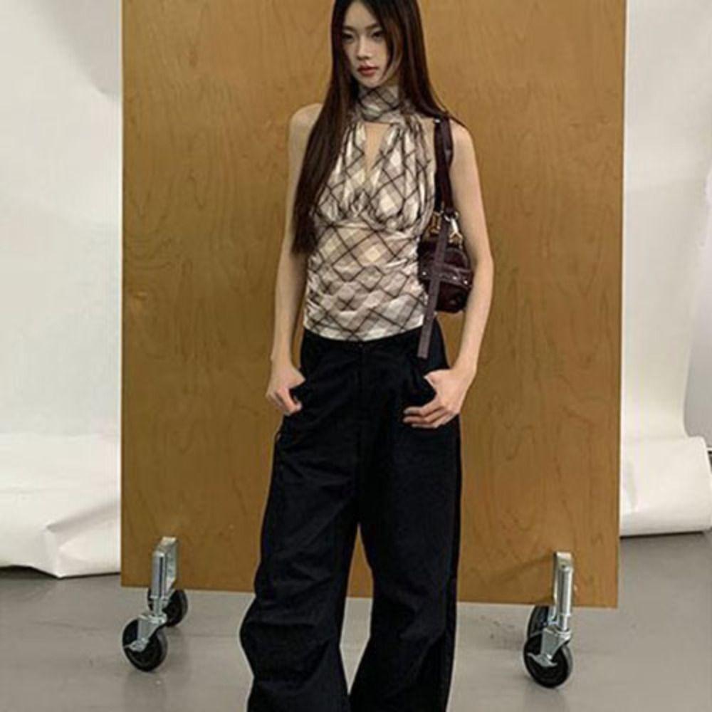 Pleated Halter Sleeveless Camisole Plaid Stripe Suspender Vest Sweet Slim Crop Tops  Women Girl