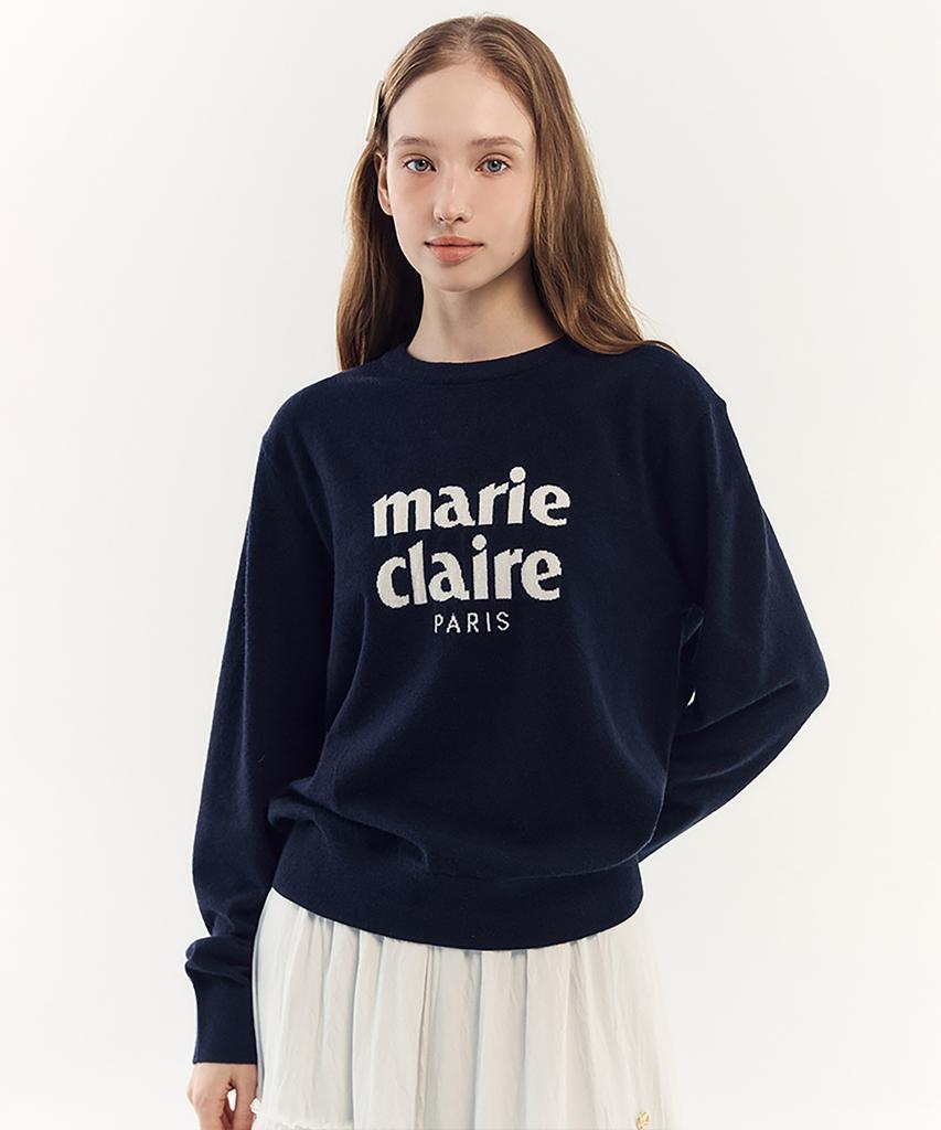 MARIE CLAIRE Essential Logo Jacquard Wool Round Knit (Magckn07Mny)