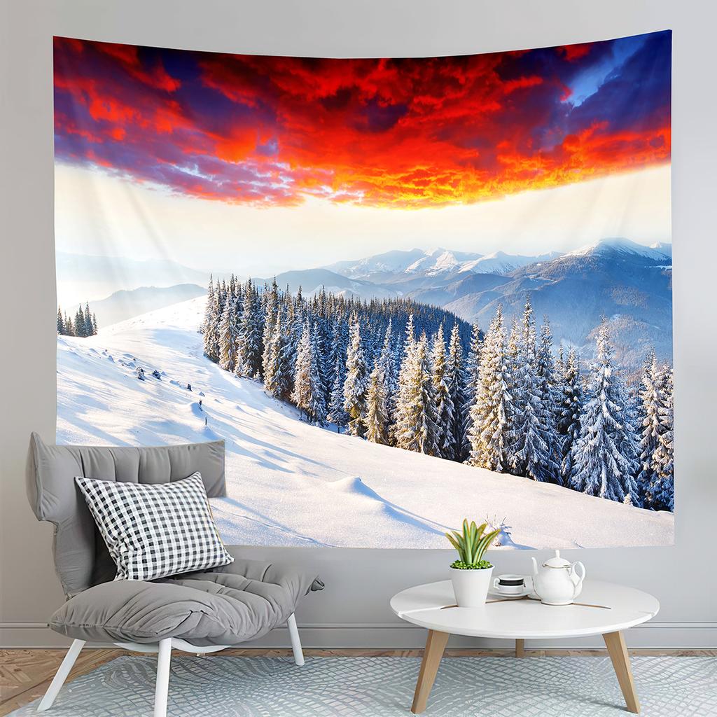 Winter Scene Tapestry Snow Trees Landscape Tapestry Snowy Summit Tapestry Wall Hanging Home Living Room Bedroom Dorm Tapestries