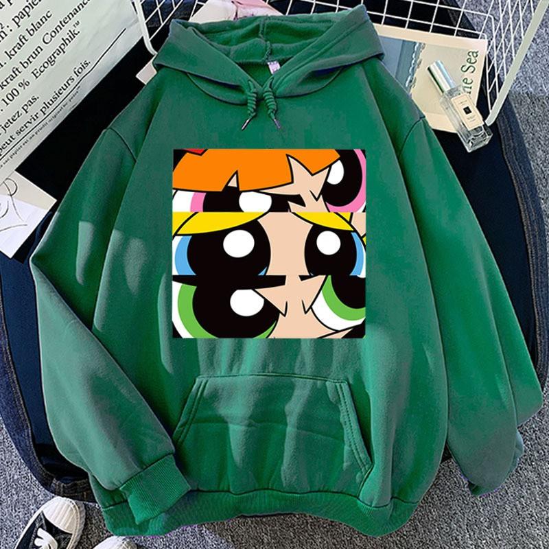 Herbst Winter Süßigkeitenfarbe Kapuzenpullover Powerpuff Girls Aufdruck Lockerer Schnitt Langarm Sweatshirt Damen