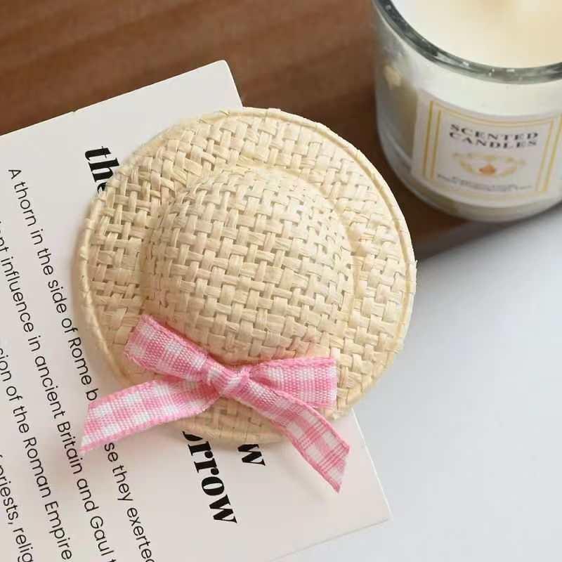 Cute Mini Straw Hat Hair Clips & Hair Ties No Hair Damage Soft Pastel Gingham Bows for Toddler Girls School Daily Wear