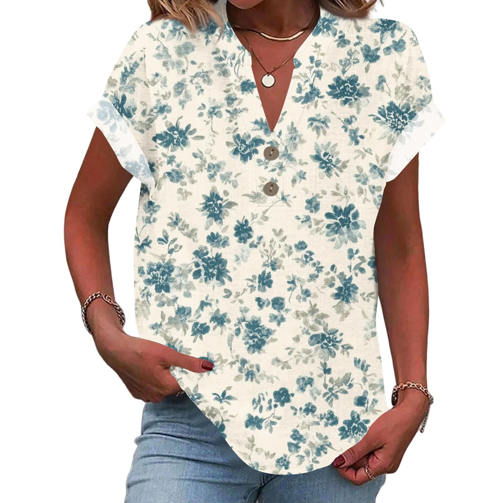 

Linen Tops For Women Summer V Neck Short Sleeve Length Sleeve Womens Tops Casual Loose Fit Blouses XXL