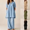Women's Loose Fit Linen Two-Piece Outfit Short Sleeve Tunic Top High Waist Wide Leg Pants Set