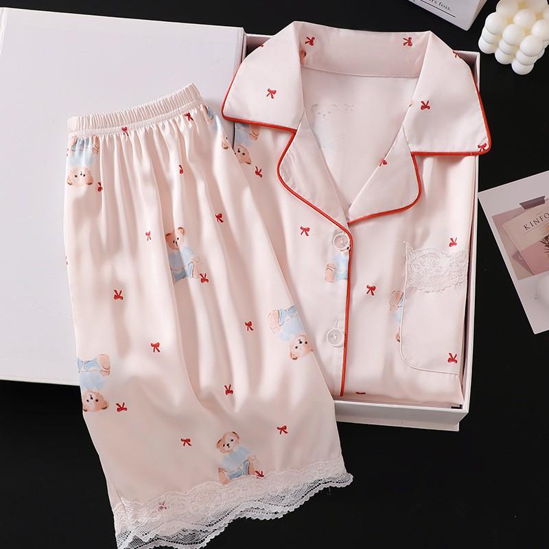 Girls Ice Silk 3-Piece Pajama Set Short Sleeve Sleepwear Kids 8 Years Cartoon Print Lightweight Air-Conditioning Suit