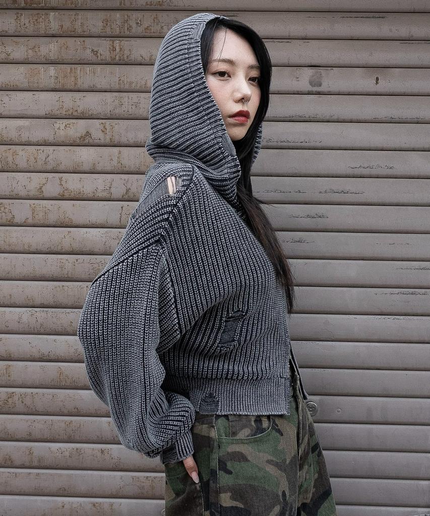 WEGO Distressed Knit Zip Size Sumikuro Women's Hoodie, Casual, Girly, Fall/Winter Outfit, F,