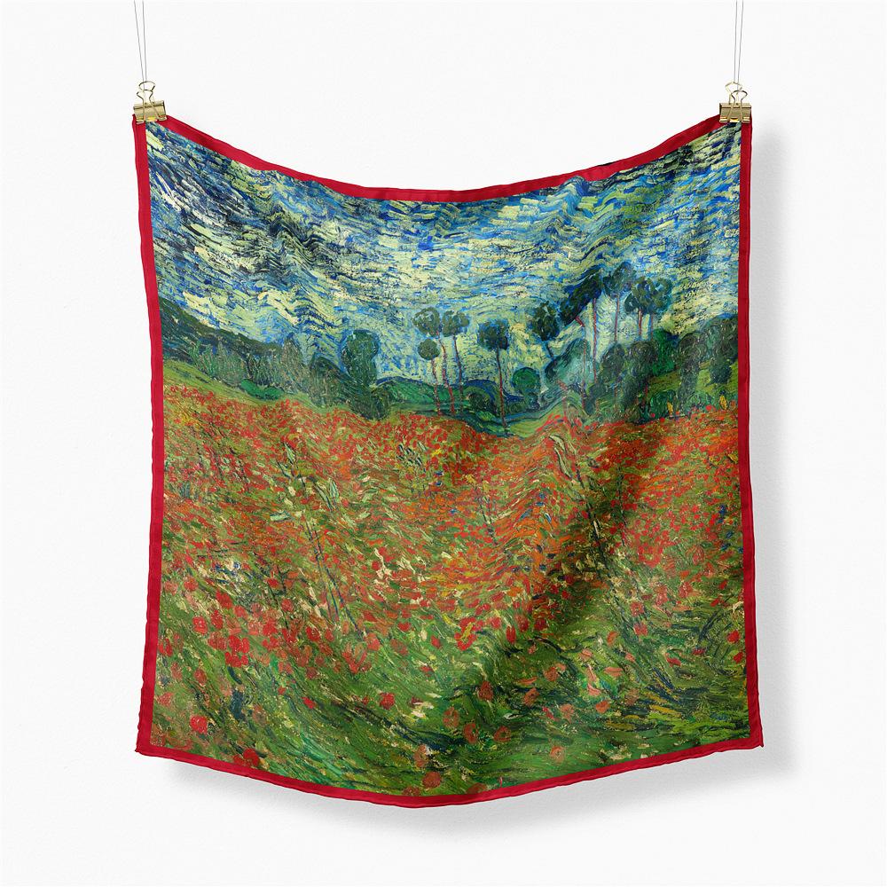 Famous Oil Painting Twill 100% Silk Scarf Fashion Bandana Women Scarf Wraps 53cm Square Scarves Hijab Head Scarf Neckerchief