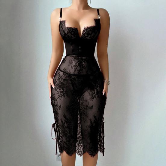 Sexy Lace Babydoll Dress for Women Sheer Mesh Chemise Sleepwear Side Split V Neck Nightgown for Honeymoon Anniversaries