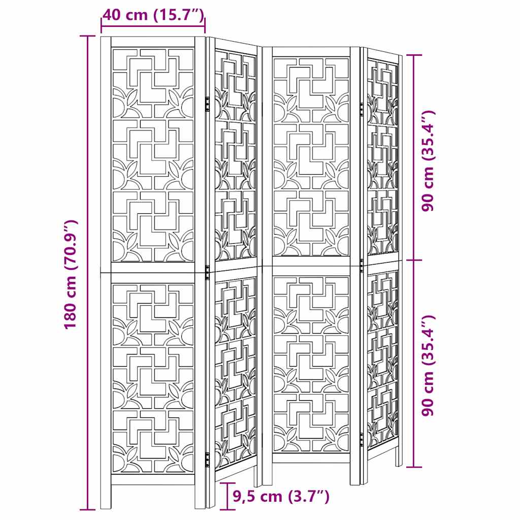 4 Piece Room Divider In Brown Solid Paulownia Wood