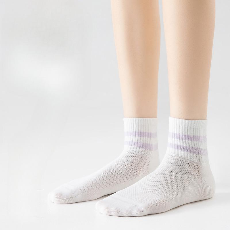 Pure Cotton Women's Spring and Summer Mid-calf Socks, White Striped Mesh Breathable Antibacterial Socks, Boneless Socks, All-cotton Socks