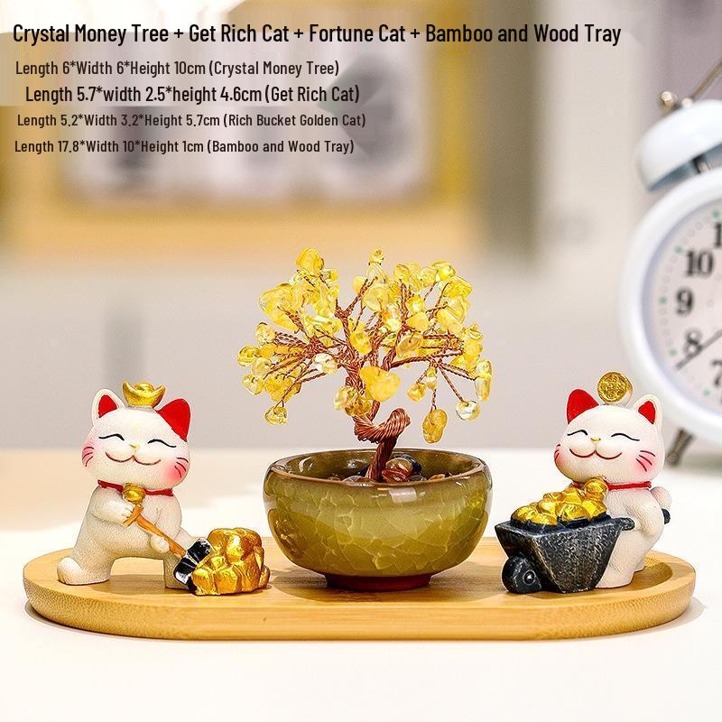 SEE KEAN Fortune Tree with Lucky Cat & Crystal Decor