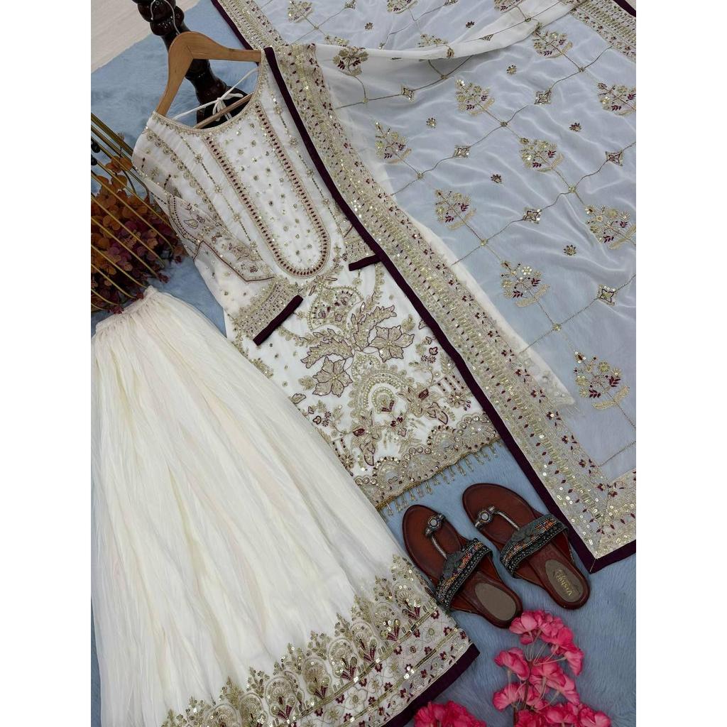 Launching New  Đěsigner Party Wear Look Pur Heavy Faux Georgette Top Plazzo & Dupatta Set*