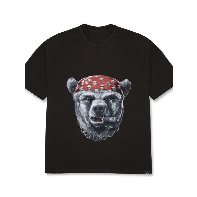 White T Shirt Bear Head With Red Bandana And Cigar Graphic Print Casual Streetwear For Men And Women