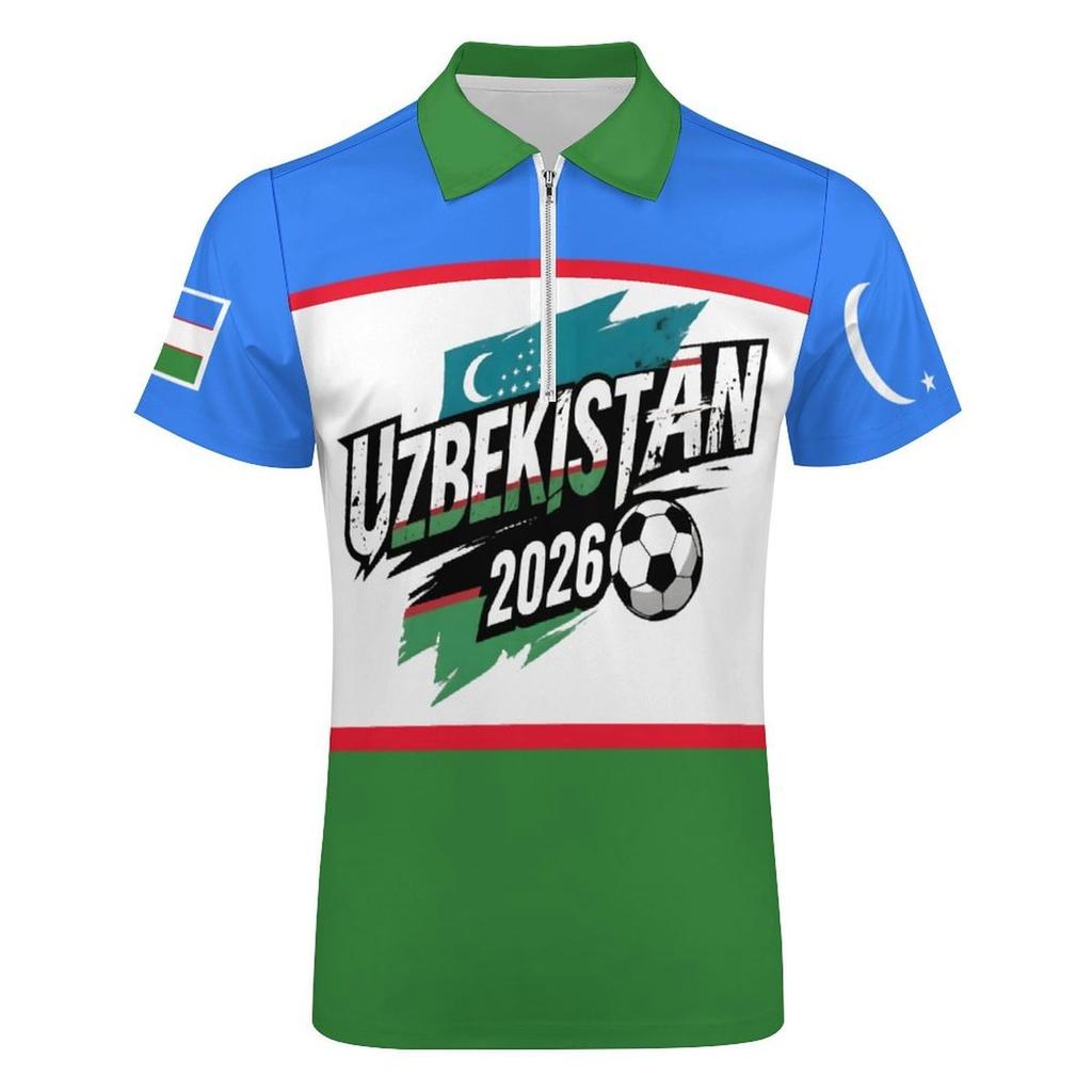 Men’s Casual Loose Fit Polo Shirt with Letter Print and Soccer Graphic Short Sleeve Top Zipper Collar Comfortable Design