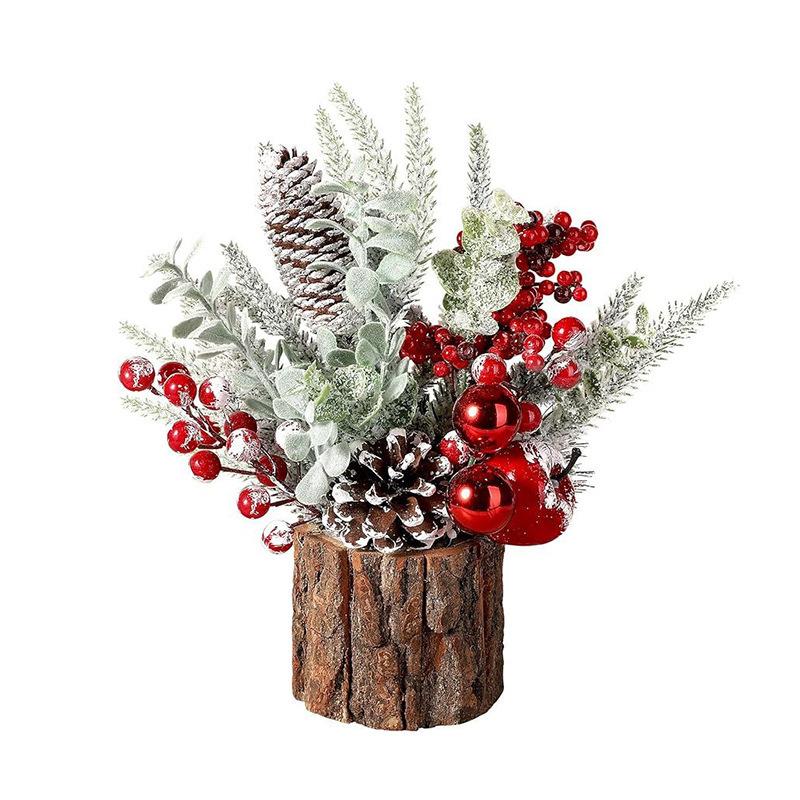

1pc Christmas Tabletop Tree Decor - Classic Snowy Pine Cone & Red Berries,Durable Holiday Centerpiece for Home/Family Gatherings