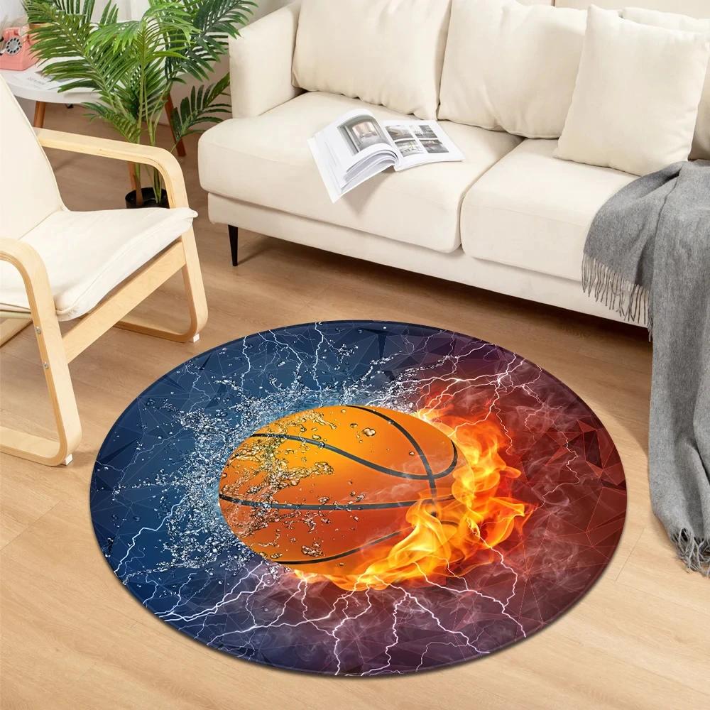 Kulatý koberec s potiskem míčových sportů Voda a oheň Cool koberec do chlapeckého pokoje Obývací pokoj Rohožka Dekorace Herní židle Protiskluzová podlahová rohož