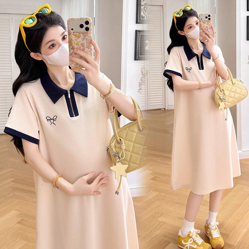 Summer 2026 Maternity Color-Block Zipper Polo Dress - Casual Loose A-Line Mid-Length Skirt