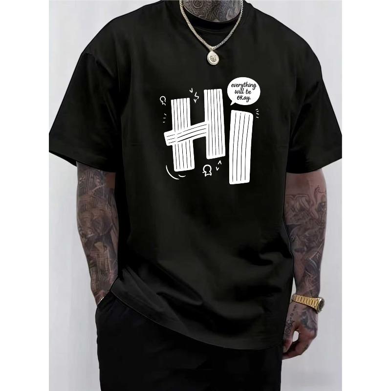 

European Size Mens Creative Hi Letter Print T-Shirt, Comfortable Crew Neck Casual Short-Sleeves, Street Style Top, Menswear Tee, All-Season S чёрный