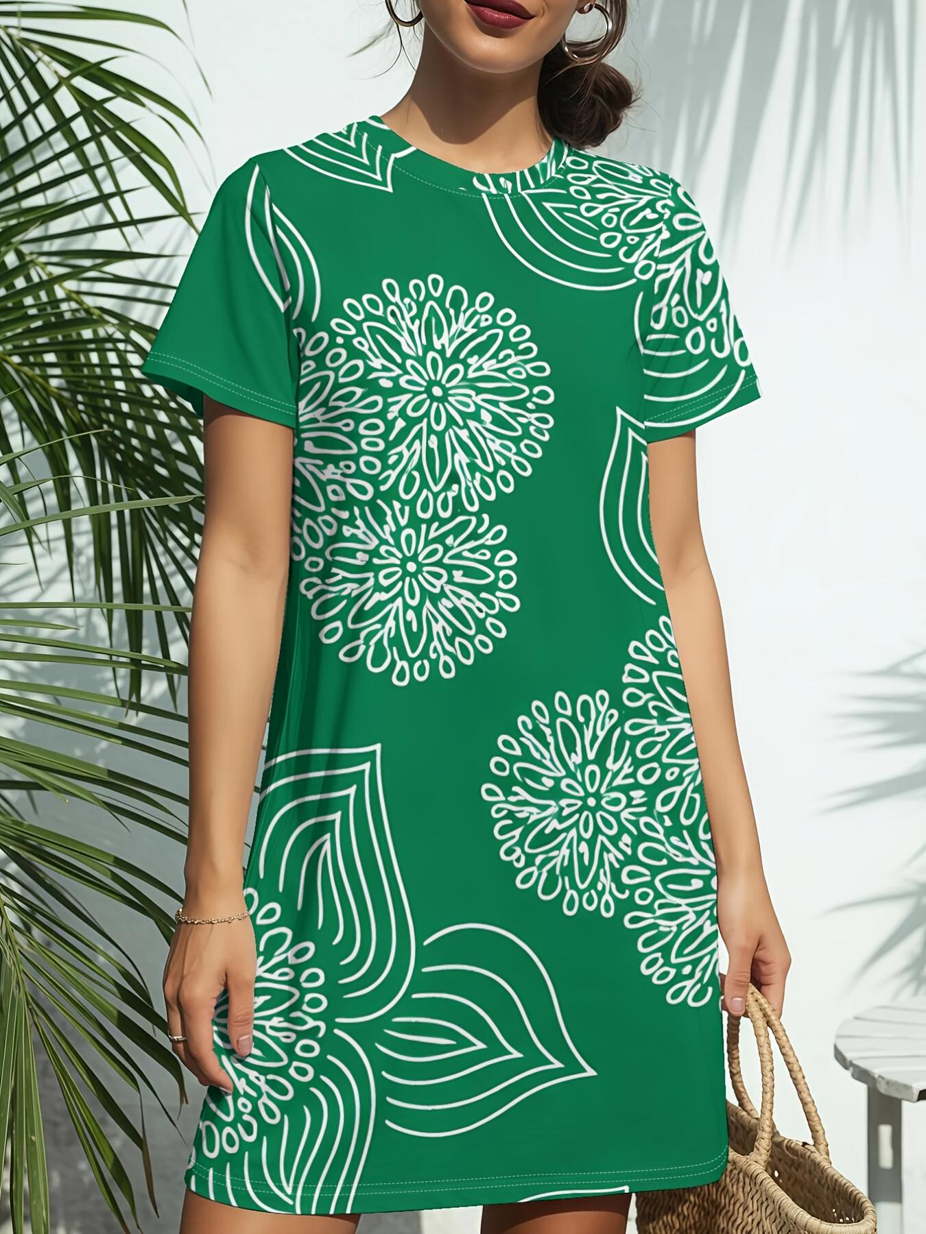 

Green Floral Pattern Print New Women S Round Neck Short Sleeve T-Shirt Dress. American-Style Trendy Digital Print. Versatile for Spring And Summer Cas 4XL дубильна кора