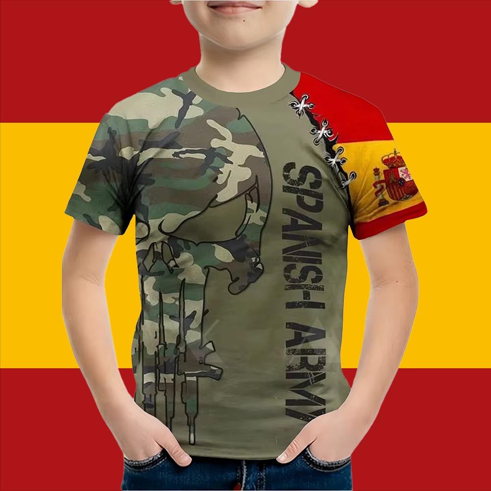 Boys Clothes Spanish Flag Graphic T-Shirt Vintage Casual Short Sleeved Kids Clothes 2-14Y Summer Outdoor Spanish Child Top Tee