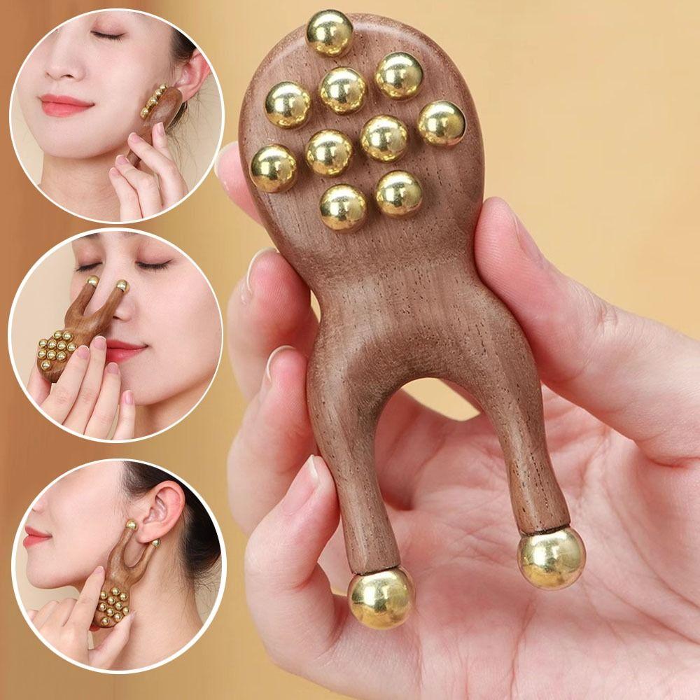 12 Copper Beads Guasha Face Massager Tool Wooden Handle Fascia Lifting Face Manual Massager Frog Shape Handheld