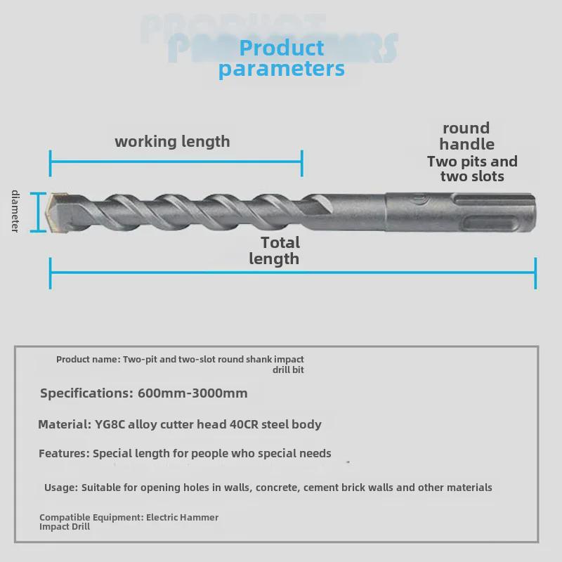 Extended 500MM, 1M, 2M, 3M Concrete Impact Drill Bit with Dual Pits & Grooves