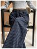 Women's Autumn 2025 Blue Plaid High-Waist Wide-Leg Pants with Drawstring - Retro, Slimming, Casual Style
